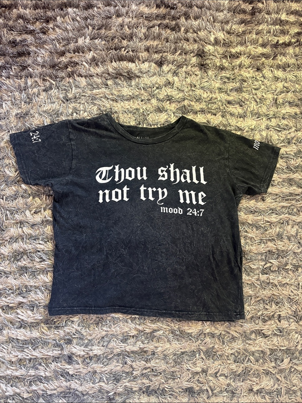 On Fire Black Graphic Tee with White Gothic Script Size L
